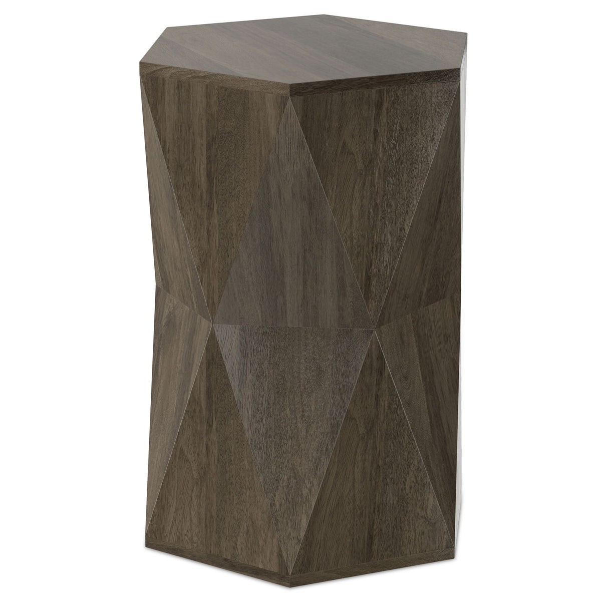 Mckinley side table with sculptural geometric faceted design in dark brown wood on Tampa Home & Garden Store