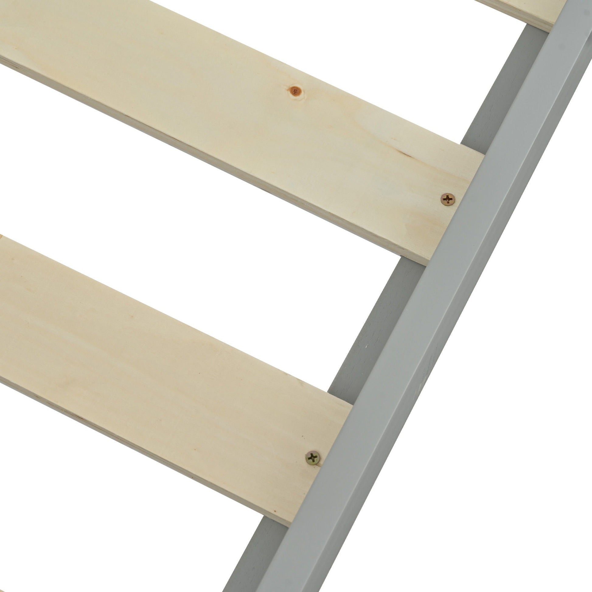 Bunk bed with ladder and safety guard rails, light wood slats with gray frame on Tampa Home & Garden Store