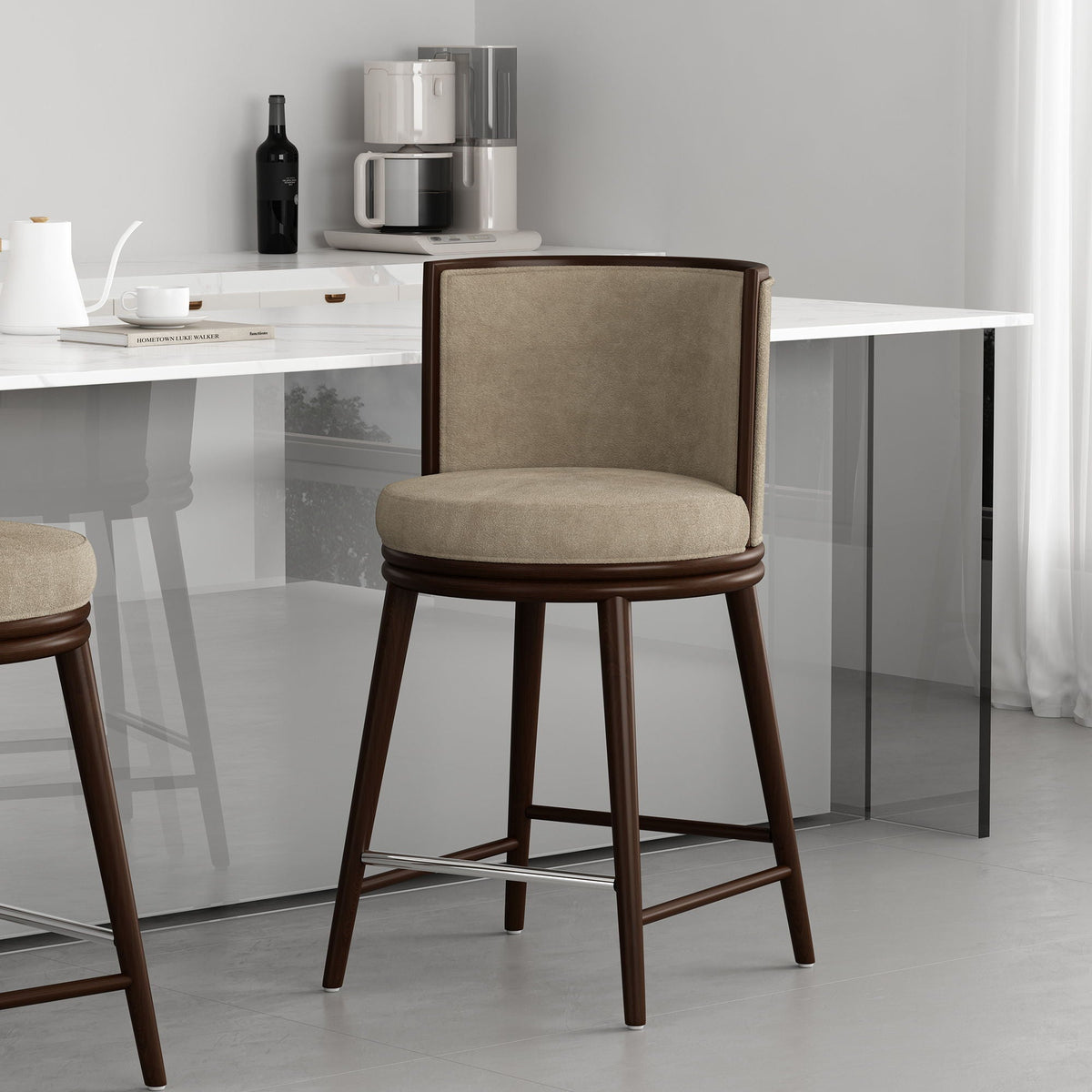 Evalyn counter stool with brown wood frame and beige upholstery, counter-height pair on Tampa Home & Garden Store