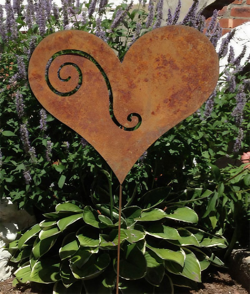 Heart garden stake rust color with black wrought iron swirl Rustica Ornamentals on Tampa Home & Garden Store