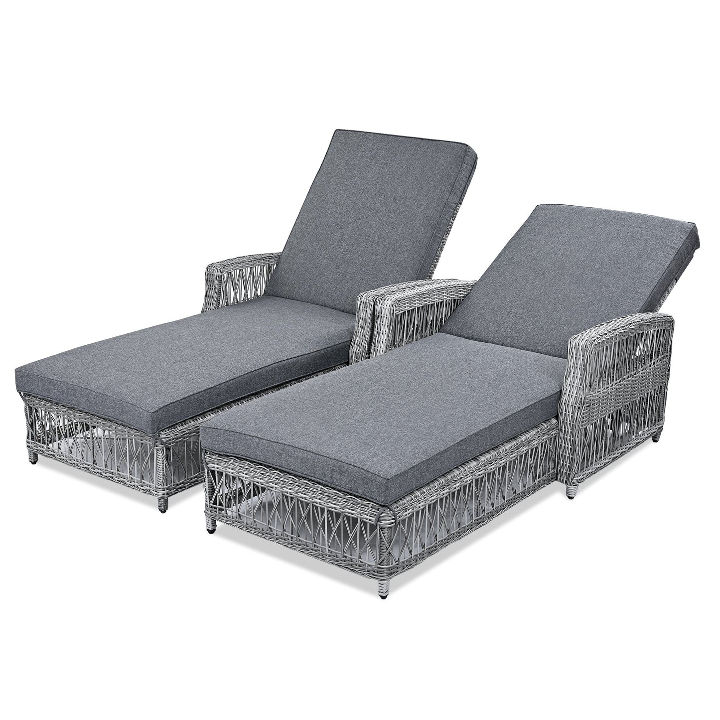 Go 2 Pieces Reclining Chaise Sunlounger Set by HouseOfZazla with grey cushions and wicker on Tampa Home & Garden Store