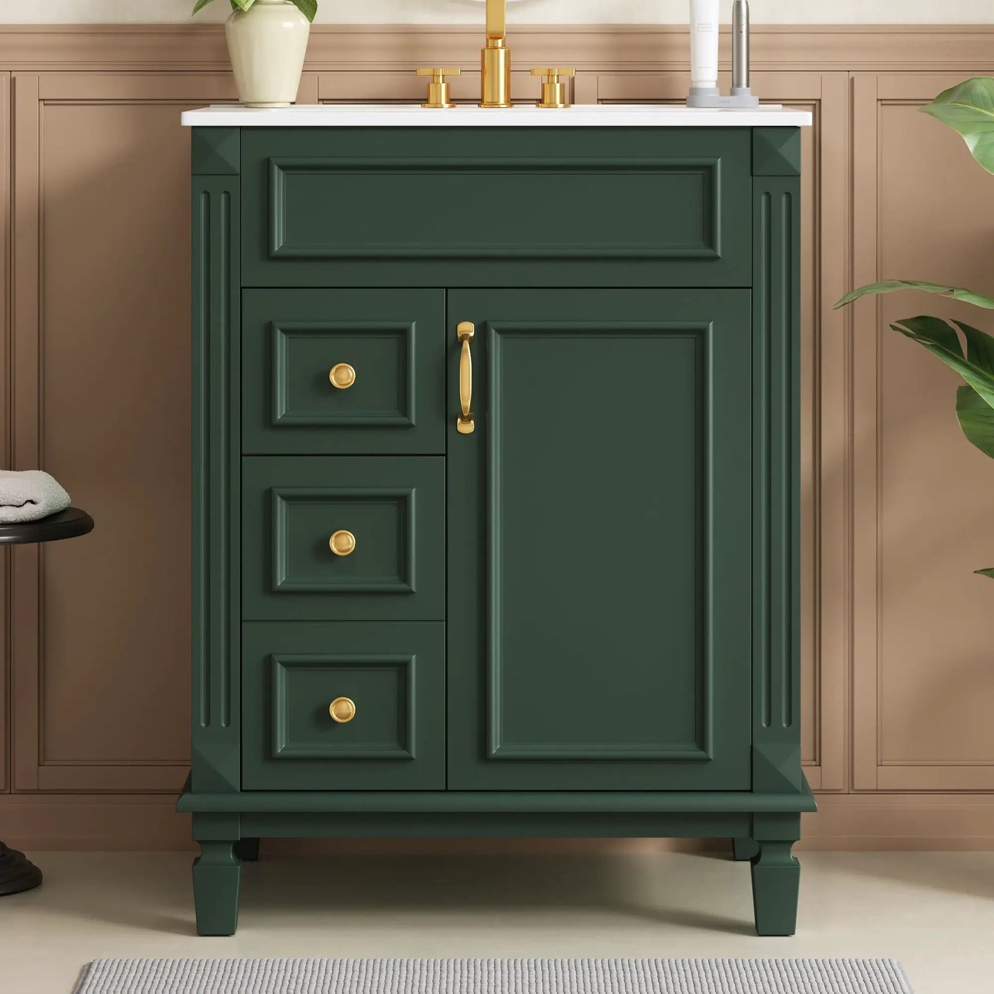 Bathroom vanity in dark green with white countertop and gold hardware, 2-drawer cabinet on Tampa Home & Garden Store