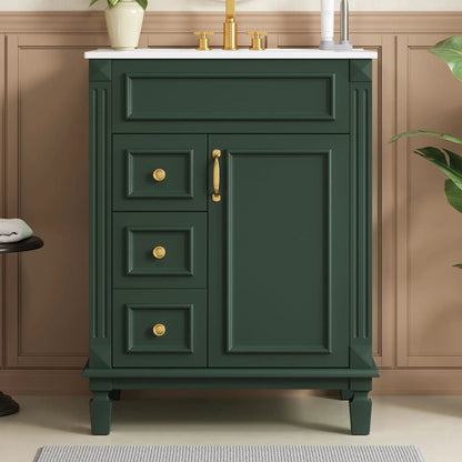 Bathroom vanity in dark green with white countertop and gold hardware, 2-drawer cabinet on Tampa Home & Garden Store