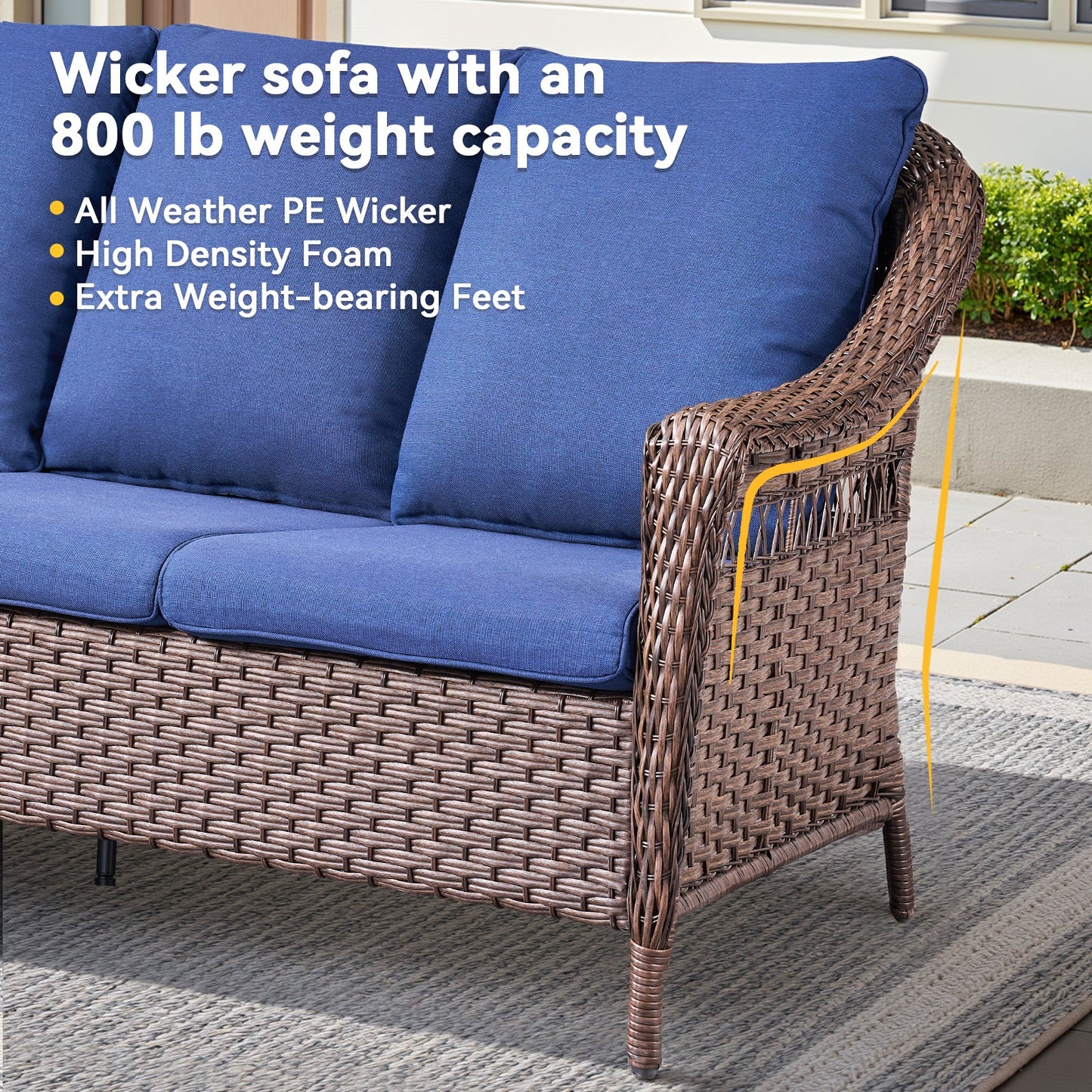 67.3-inch Outdoor Wicker Patio Sofa by HouseOfZazla with blue cushions and woven brown wicker on Tampa Home & Garden Store