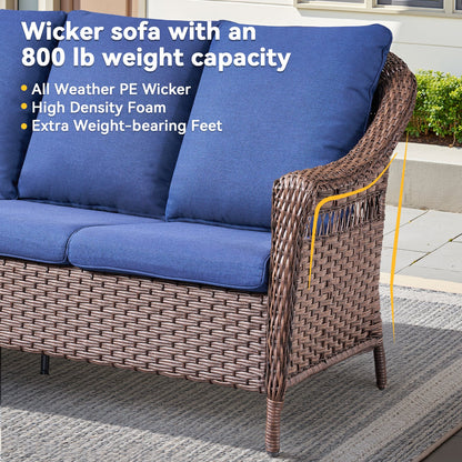 67.3-inch Outdoor Wicker Patio Sofa by HouseOfZazla with blue cushions and woven brown wicker on Tampa Home & Garden Store