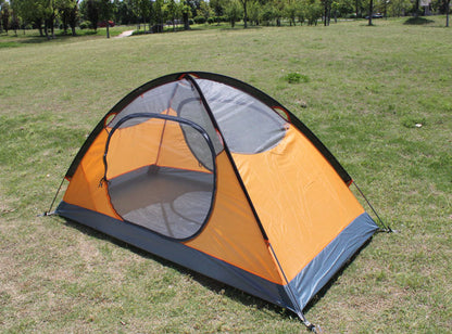 Outdoor double camping rainproof tent orange with gray base and mesh door on grass on Tampa Home & Garden Store
