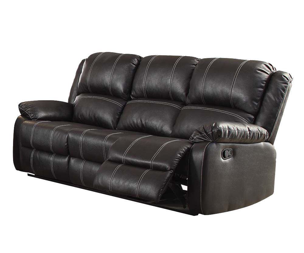 Zuriel synthetic reclining sofa by HouseOfZazla, black faux leather with white stitching on Tampa Home & Garden Store