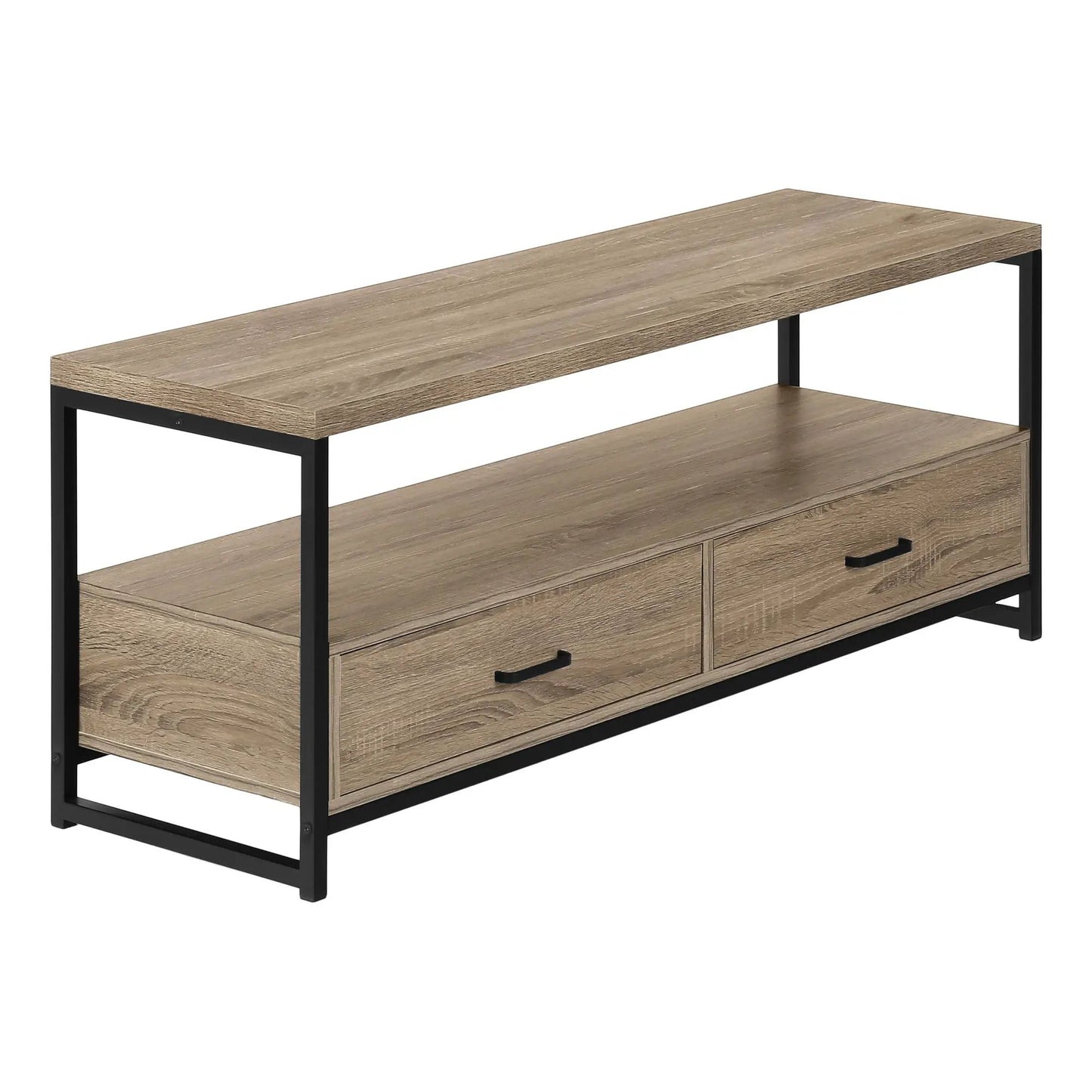 TV stand console with light oak finish, black metal frame, 2 drawers Unique Piece Furniture on Tampa Home & Garden Store