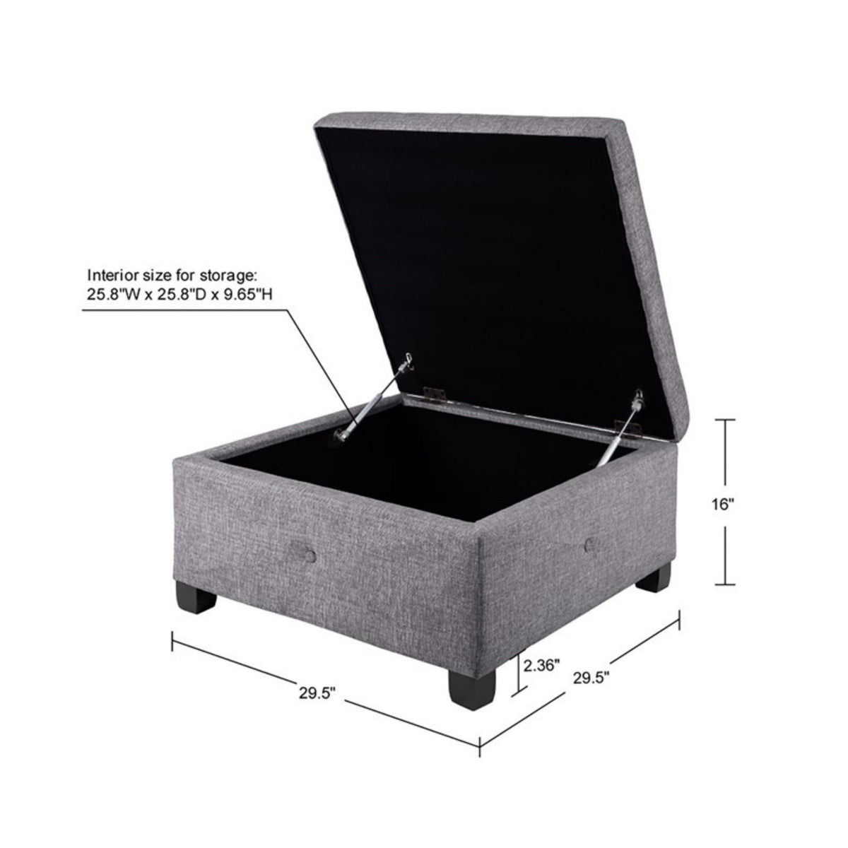 Aspen Ottoman Storage with upholstered gray fabric, lift-top lid, soft close HouseOfZazla on Tampa Home & Garden Store