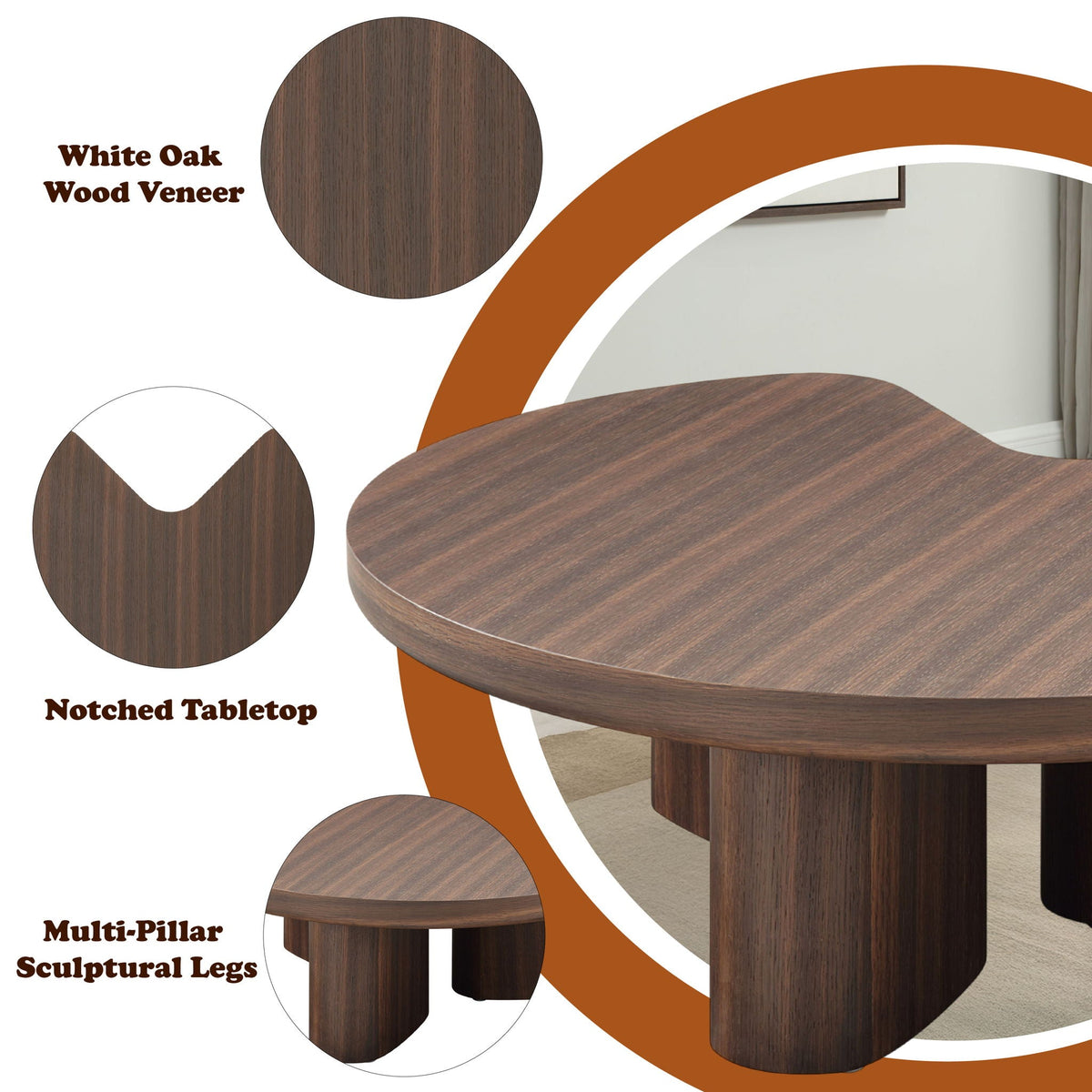 Brown oak coffee table with oak veneer top, 35-inch square, tabletop and sculptural legs on Tampa Home & Garden Store
