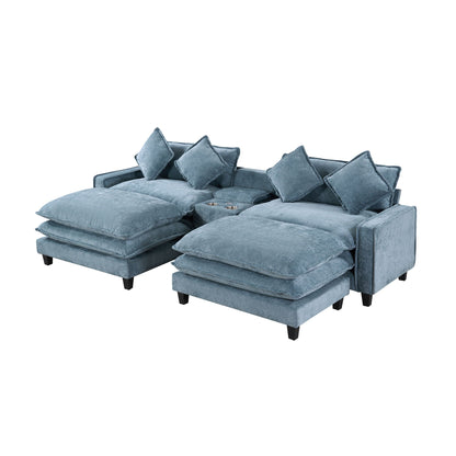 HouseOfZazla blue 3-piece sectional sofa with 2 removable ottomans, center console cup holders on Tampa Home & Garden Store