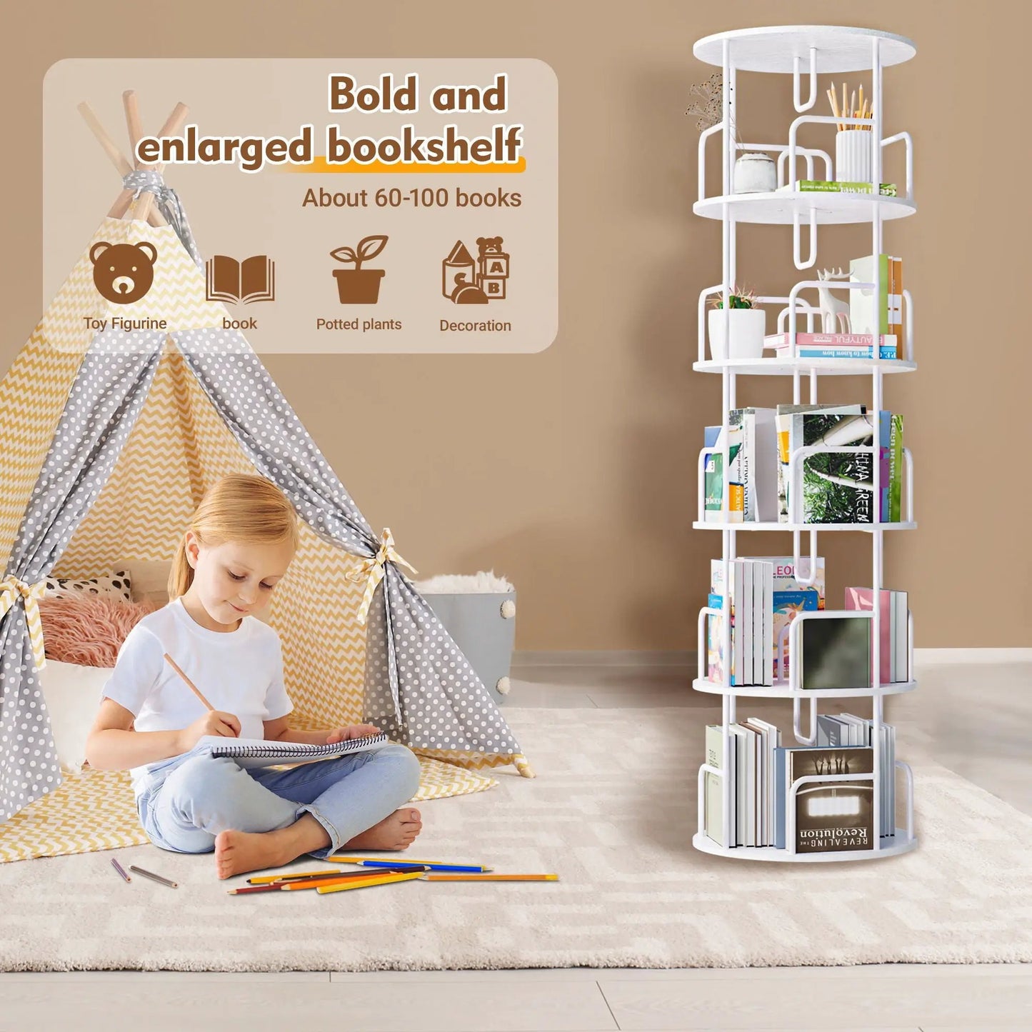Rotating Bookshelf Tower 5 Tier Spinning Shelf