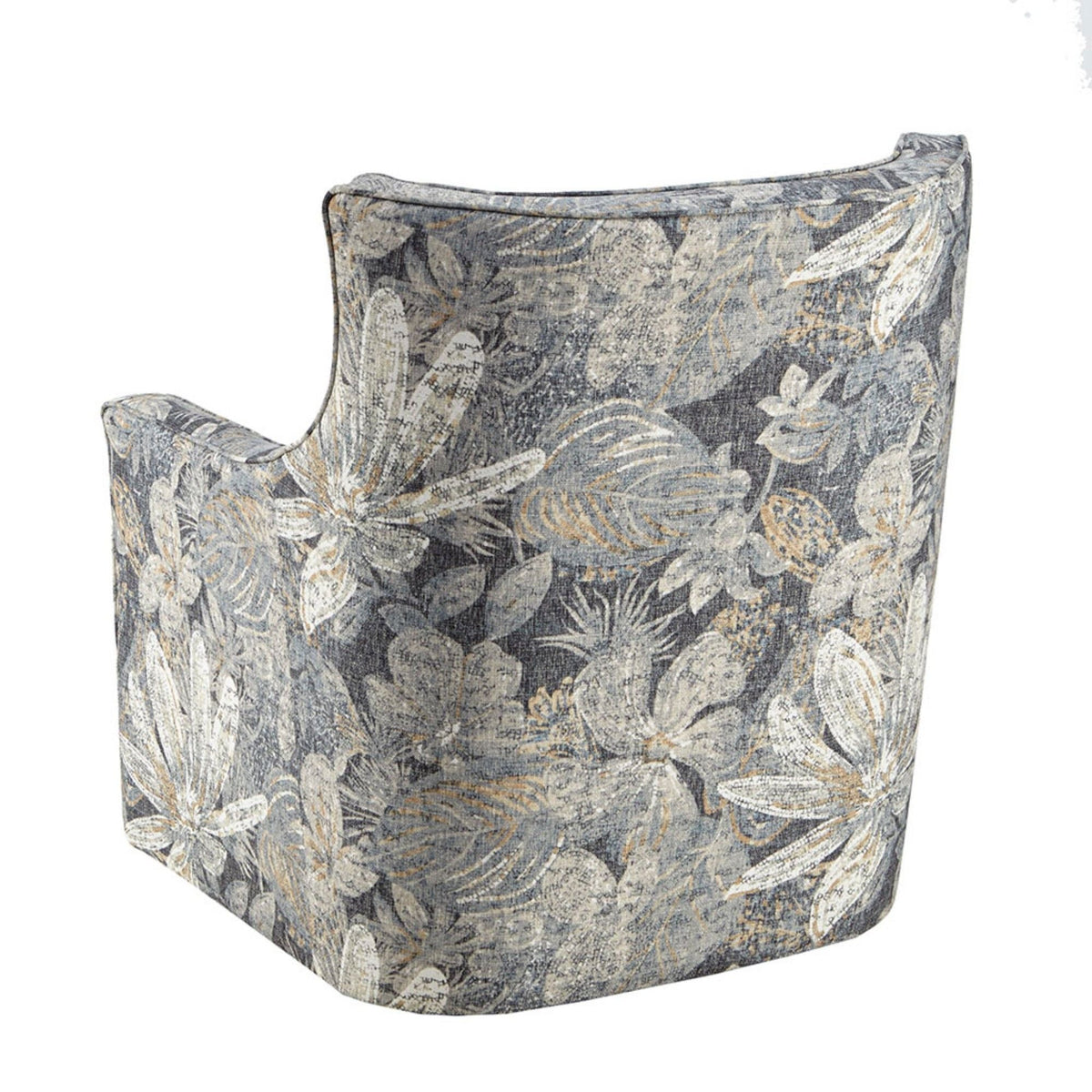 Swivel glider chair in blue-gray multicolor tapestry upholstery with curved arms on Tampa Home & Garden Store