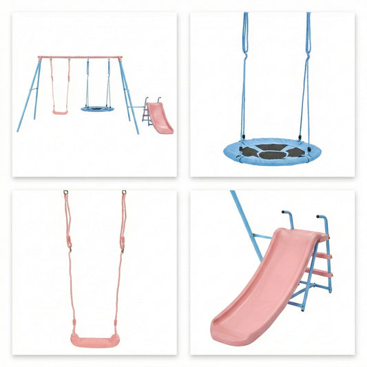Blue and Pink Outdoor Swing Set with Slide