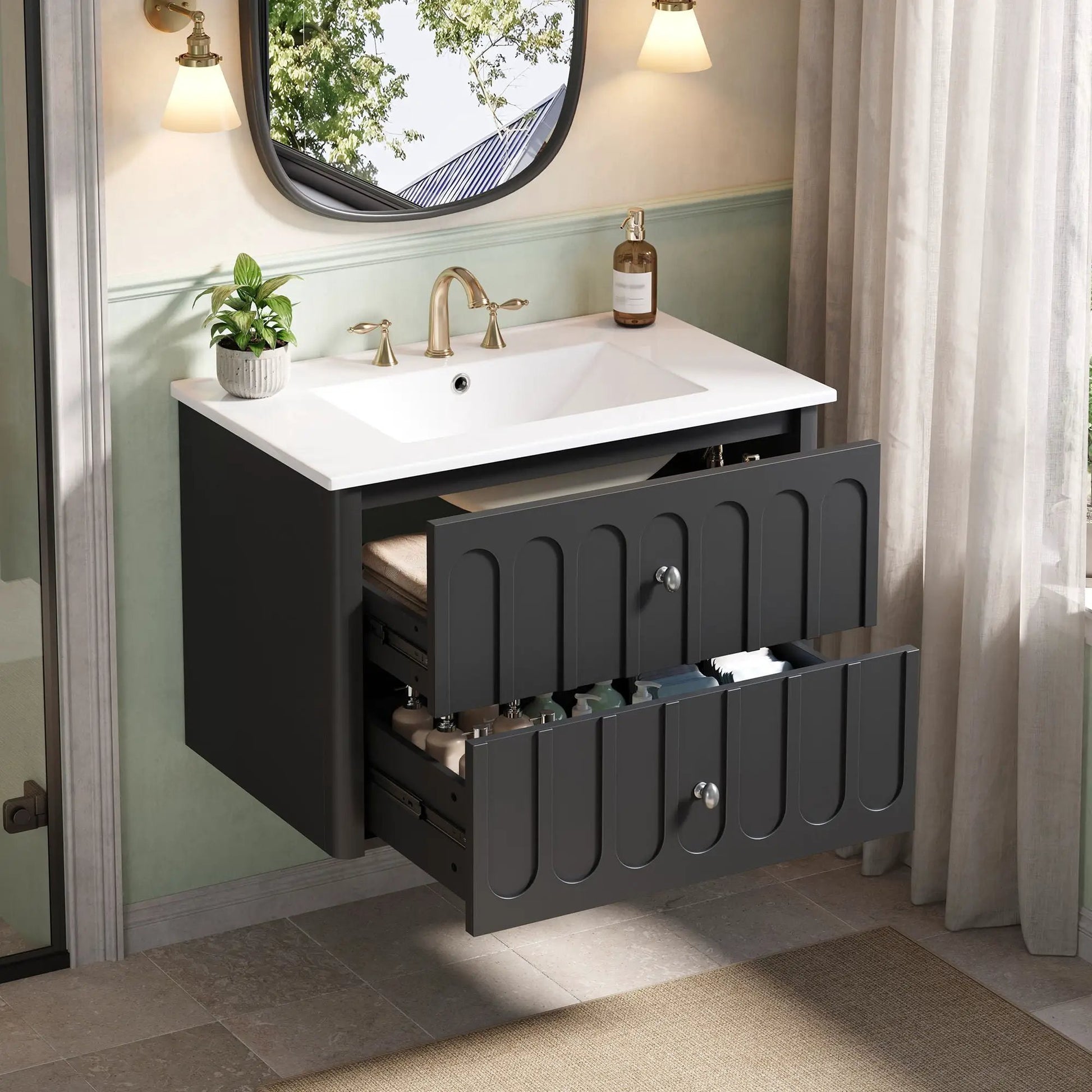 Floating bathroom vanity with brass oval knobs and white countertop soft-close drawers on Tampa Home & Garden Store