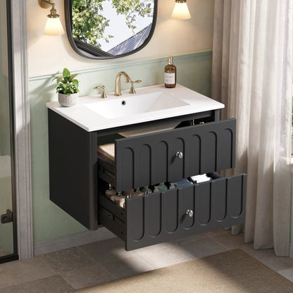 Floating bathroom vanity with brass oval knobs and white countertop soft-close drawers on Tampa Home & Garden Store