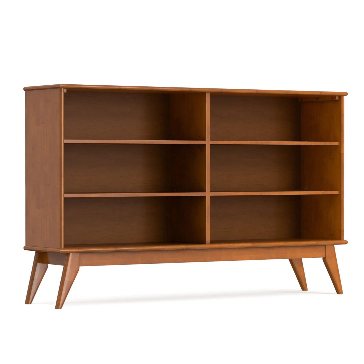 Draper handcrafted low bookcase cube organizer in warm brown wood finish with angled legs on Tampa Home & Garden Store