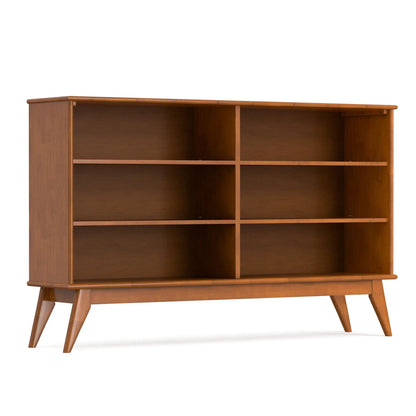 Draper handcrafted low bookcase cube organizer in warm brown wood finish with angled legs on Tampa Home & Garden Store