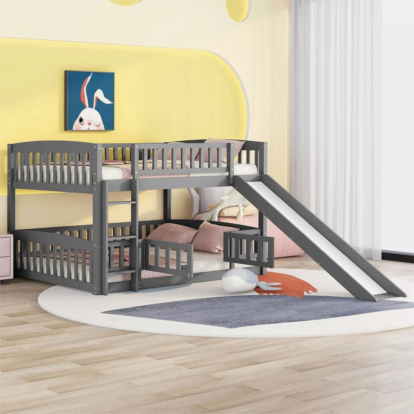 Low Bunk Bed With Slide Fence and Ladder