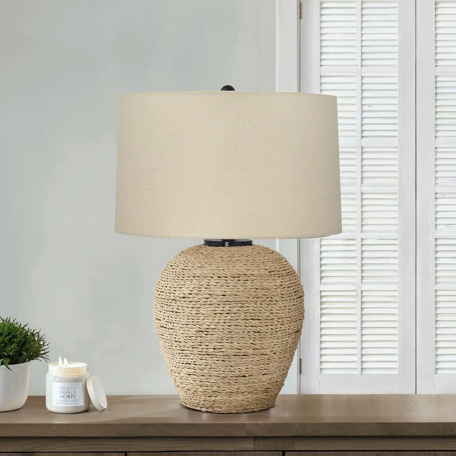 Table lamp with beige fabric shade and woven rattan base, transitional Unique Piece Furniture on Tampa Home & Garden Store