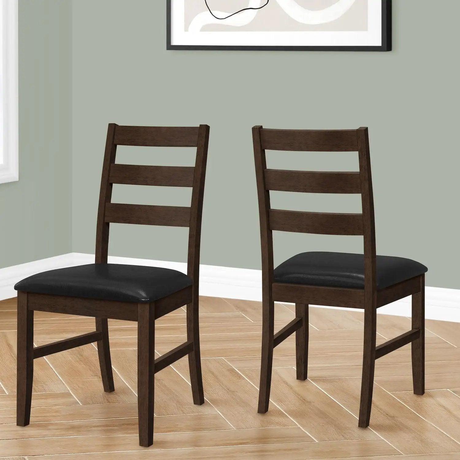 Dining chair set: two wood ladder-back chairs with black upholstered seats, transitional style on Tampa Home & Garden Store
