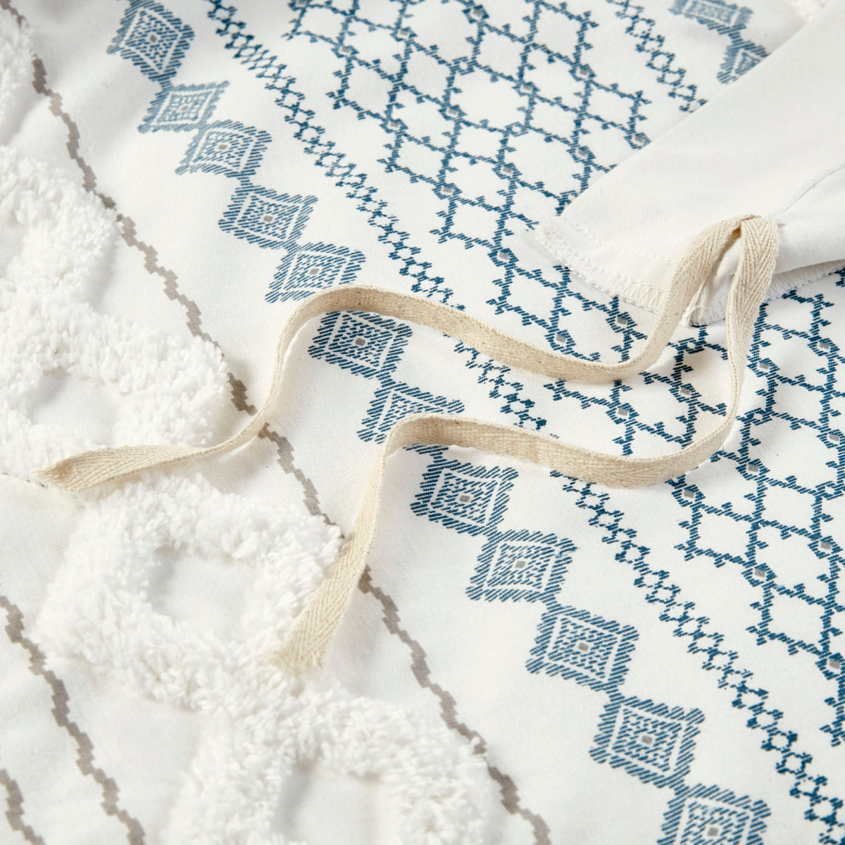 King/Cal King cotton duvet cover set with blue Aztec print and chenille trim on white fabric on Tampa Home & Garden Store