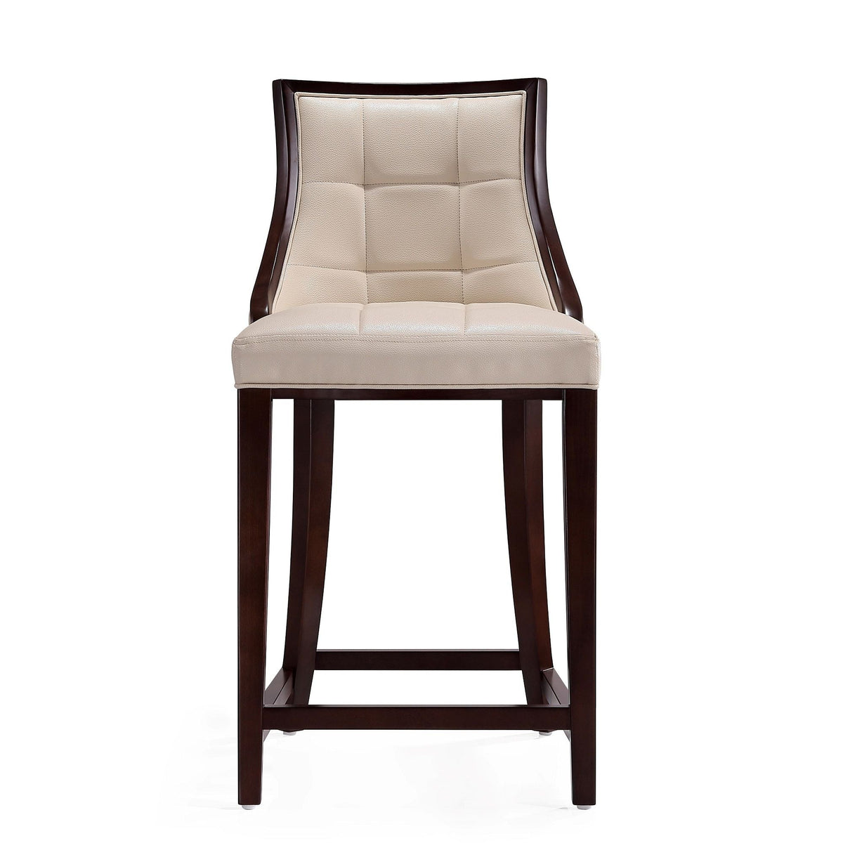 White bar height stool with solid wood espresso frame and beige tufted upholstery on Tampa Home & Garden Store