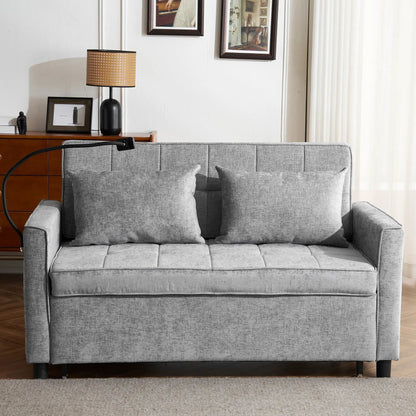 Gray fabric sleeper loveseat with two-seat cushions and straight arms in living room on Tampa Home & Garden Store