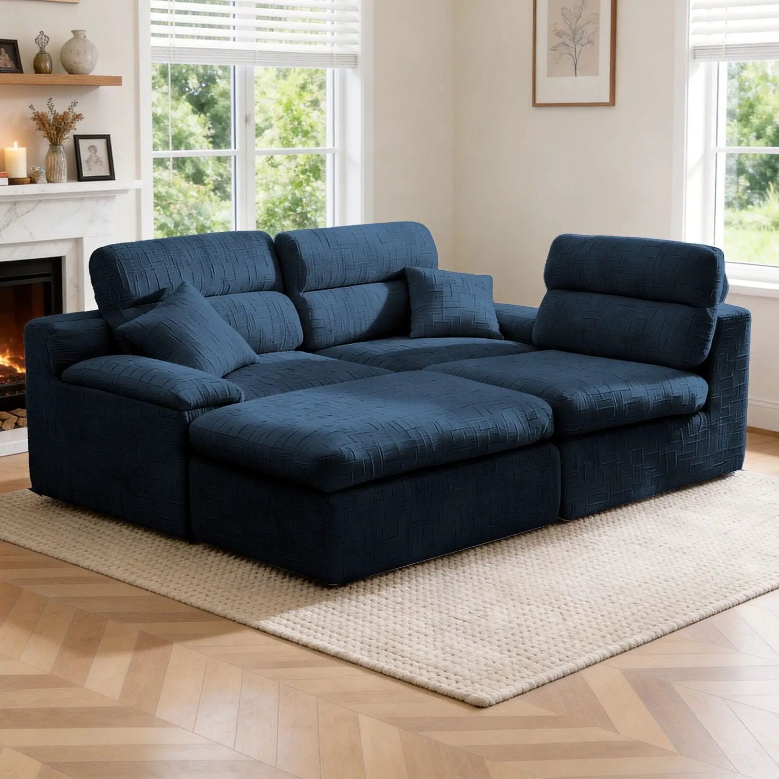 Corner chaise sofa with high backrest, blue fabric, Unique Piece 2-piece living room set on Tampa Home & Garden Store