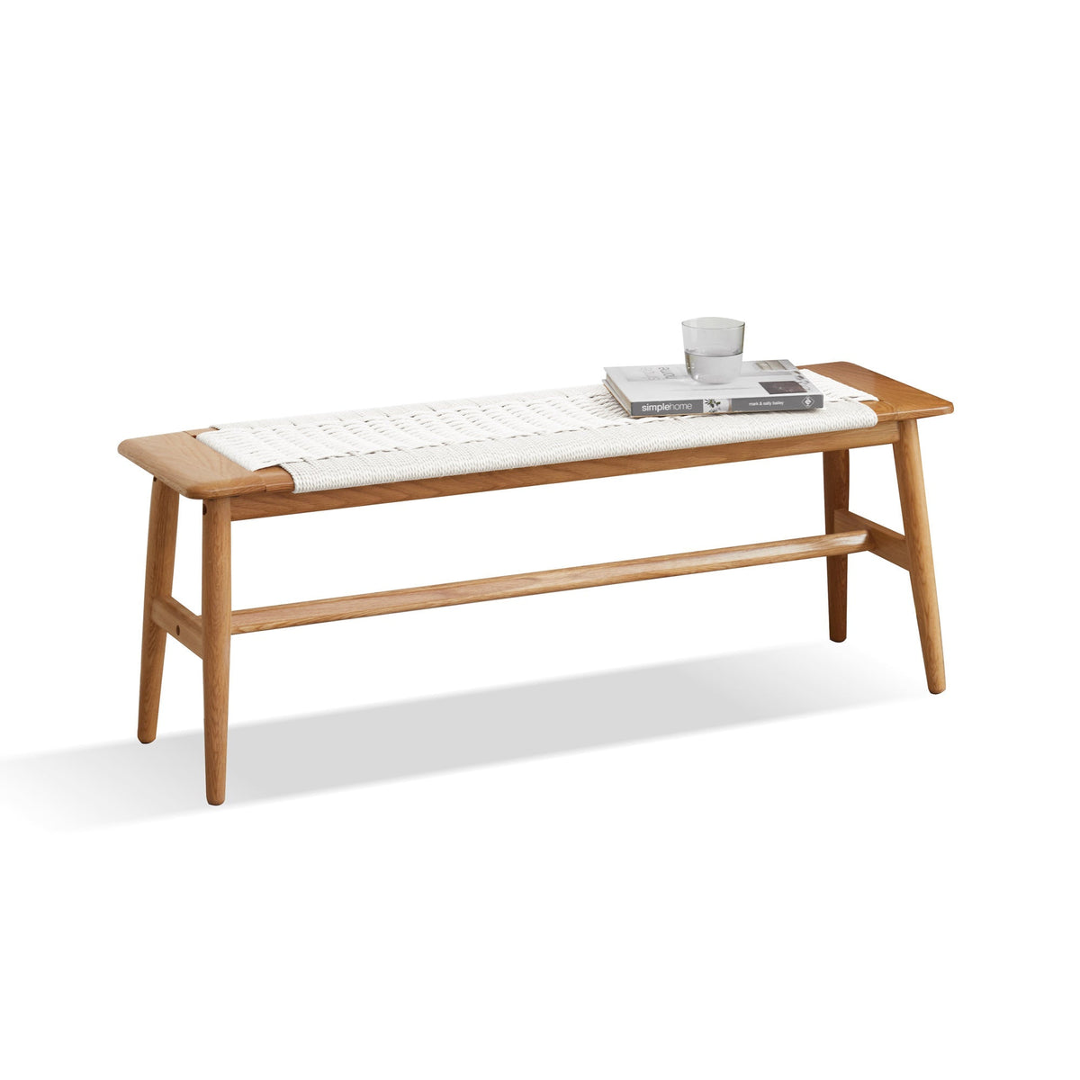 Natural oak wood outdoor dining bench with white handwoven cane seat by HouseOfZazla on Tampa Home & Garden Store