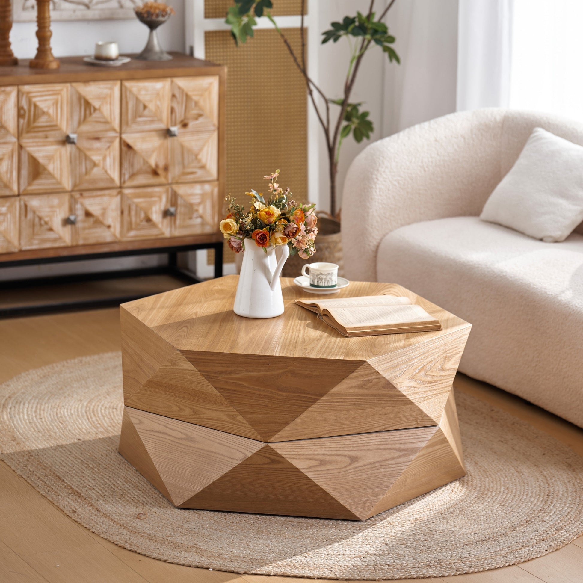 36.61'' Retro Style Polygon Flip Top Coffee Table by HouseOfZazla natural wood finish on Tampa Home & Garden Store