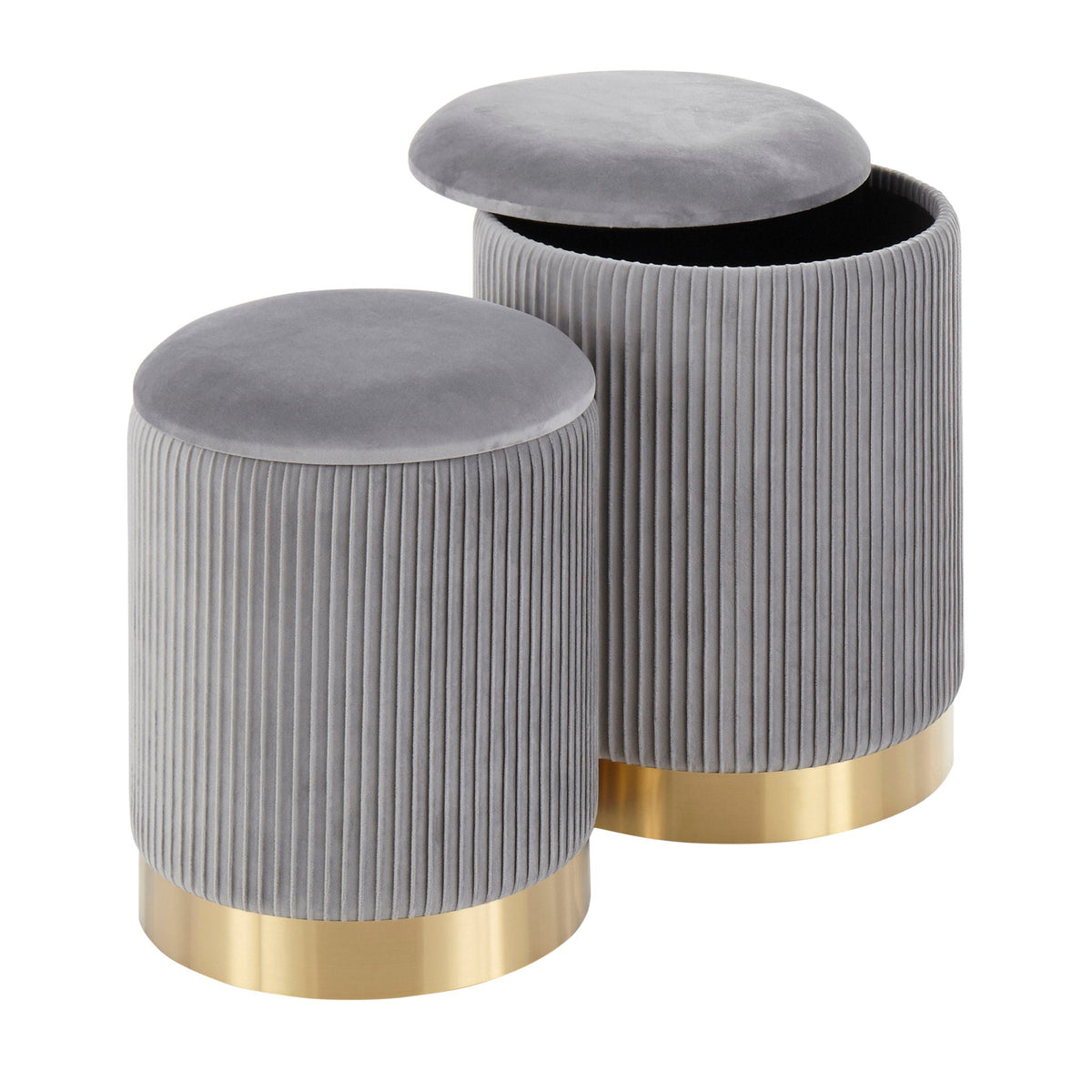 Contemporary nesting pleated ottomans set in gray with gold metal bases, 3-piece on Tampa Home & Garden Store
