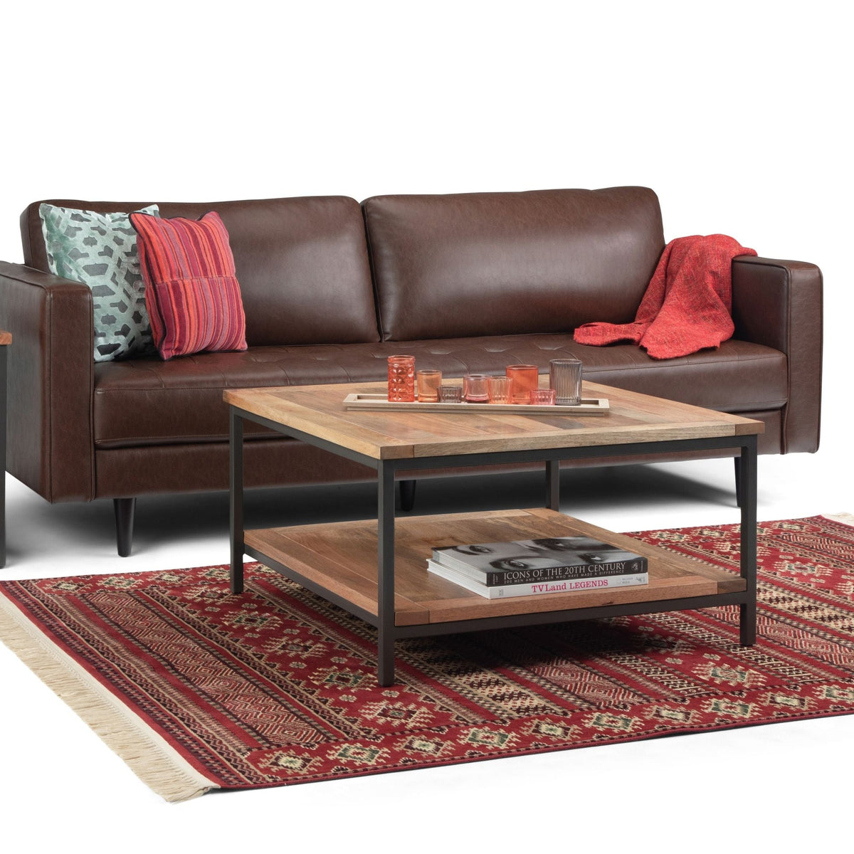 Solid mango wood coffee table with light brown finish, two-tier design and black metal legs on Tampa Home & Garden Store