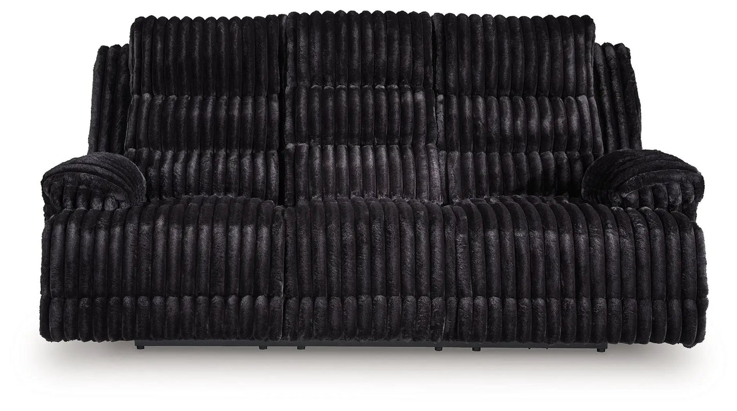 Rhine Falls reclining power sofa Onyx with plush channel-tufted faux fur upholstery on Tampa Home & Garden Store