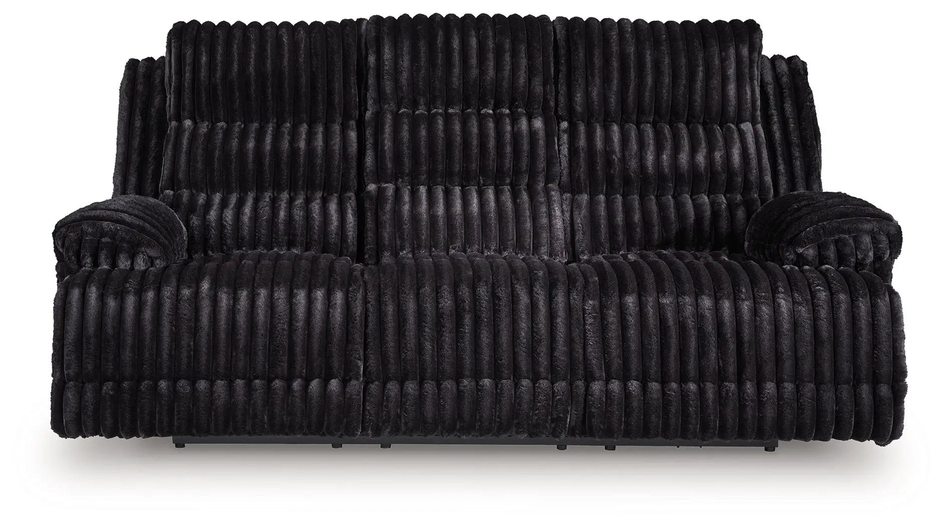 Rhine Falls reclining power sofa Onyx with plush channel-tufted faux fur upholstery on Tampa Home & Garden Store