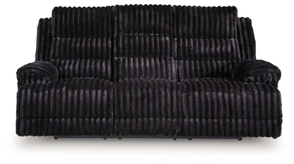 Rhine Falls reclining power sofa Onyx with plush channel-tufted faux fur upholstery on Tampa Home & Garden Store