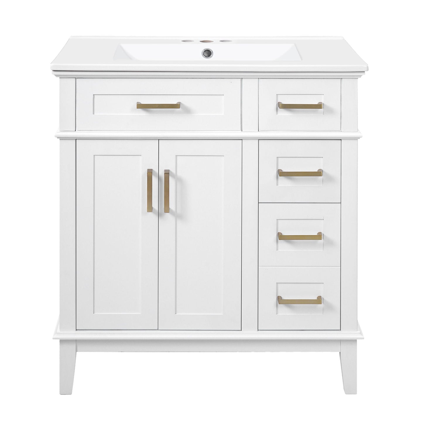 Modern white bathroom vanity with single sink, countertop, brass hardware and storage drawers on Tampa Home & Garden Store