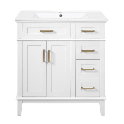 Modern white bathroom vanity with single sink, countertop, brass hardware and storage drawers on Tampa Home & Garden Store