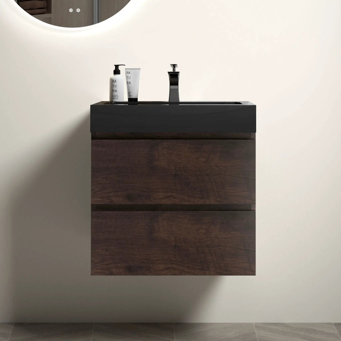 Alice wall-mounted bathroom vanity with black countertop, dark wood base and chrome faucet on Tampa Home & Garden Store