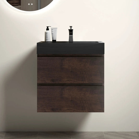 Alice wall-mounted bathroom vanity with black countertop, dark wood base and chrome faucet on Tampa Home & Garden Store
