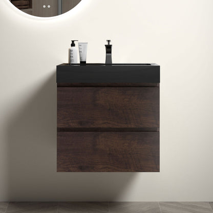 Alice wall-mounted vanity with integrated sink in black top and dark wood cabinet on Tampa Home & Garden Store