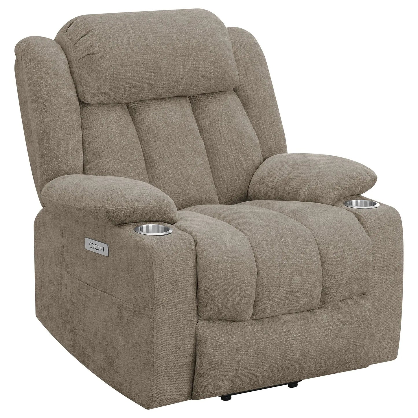 Beca upholstered power lift recliner in taupe fabric with cupholders on armrests on Tampa Home & Garden Store