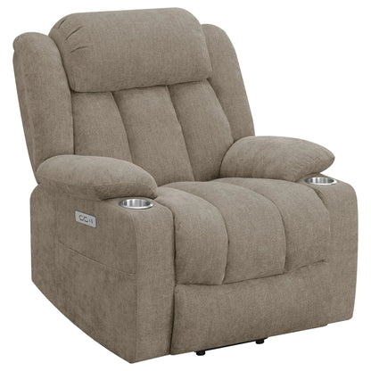 Beca upholstered power lift recliner in taupe fabric with cupholders on armrests on Tampa Home & Garden Store