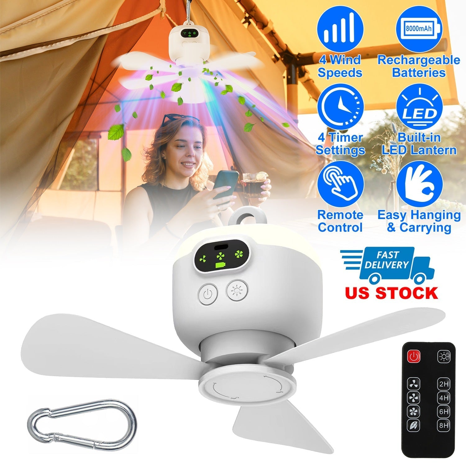 GemGear 2-in-1 camping fan with LED lantern white 8000mAh battery remote carabiner on Tampa Home & Garden Store