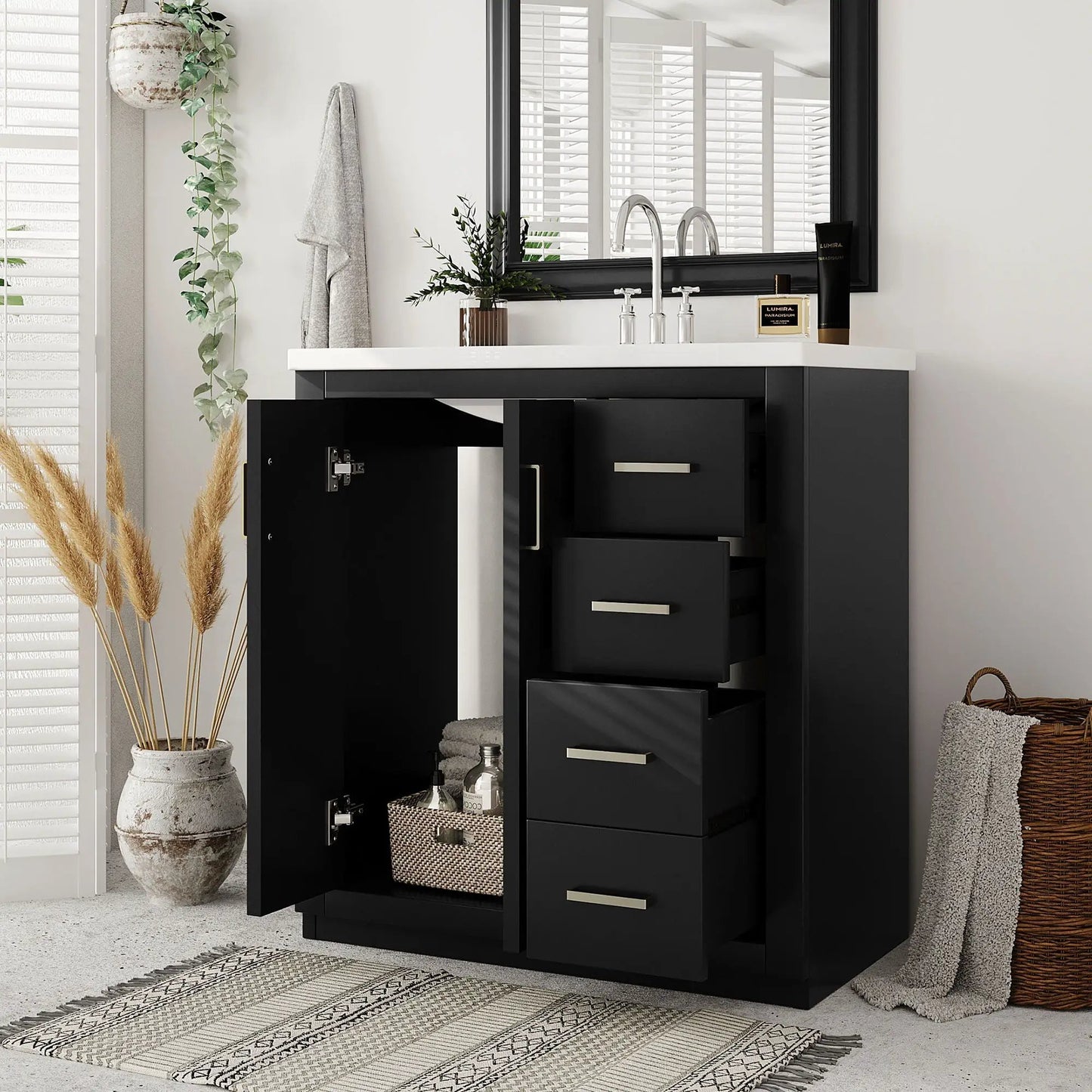 Bathroom vanity black freestanding with white countertop, 3 drawers and soft-close doors on Tampa Home & Garden Store