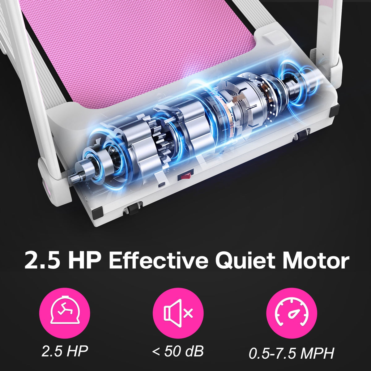 Foldable treadmill with pink running belt and cutaway 2.5 HP motor by HouseOfZazla on Tampa Home & Garden Store