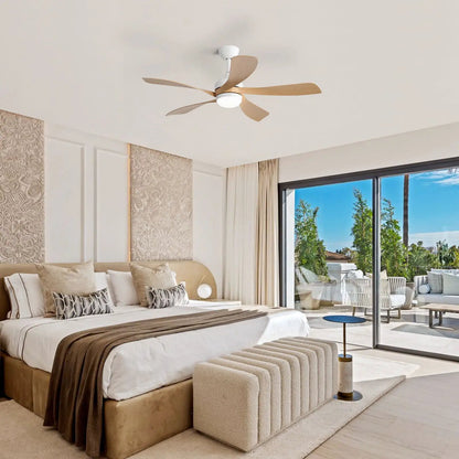 Ceiling fan with DC motor and integrated light, white housing, natural wood blades on Tampa Home & Garden Store
