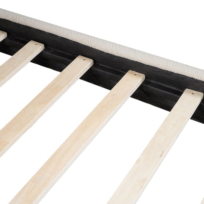 Upholstered platform bed slat system with thick solid frame and beige fabric edge on Tampa Home & Garden Store