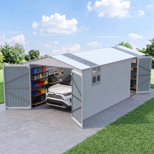 Outdoor storage shed 20x13 ft metal garden utility shed with open doors and shelves on Tampa Home & Garden Store