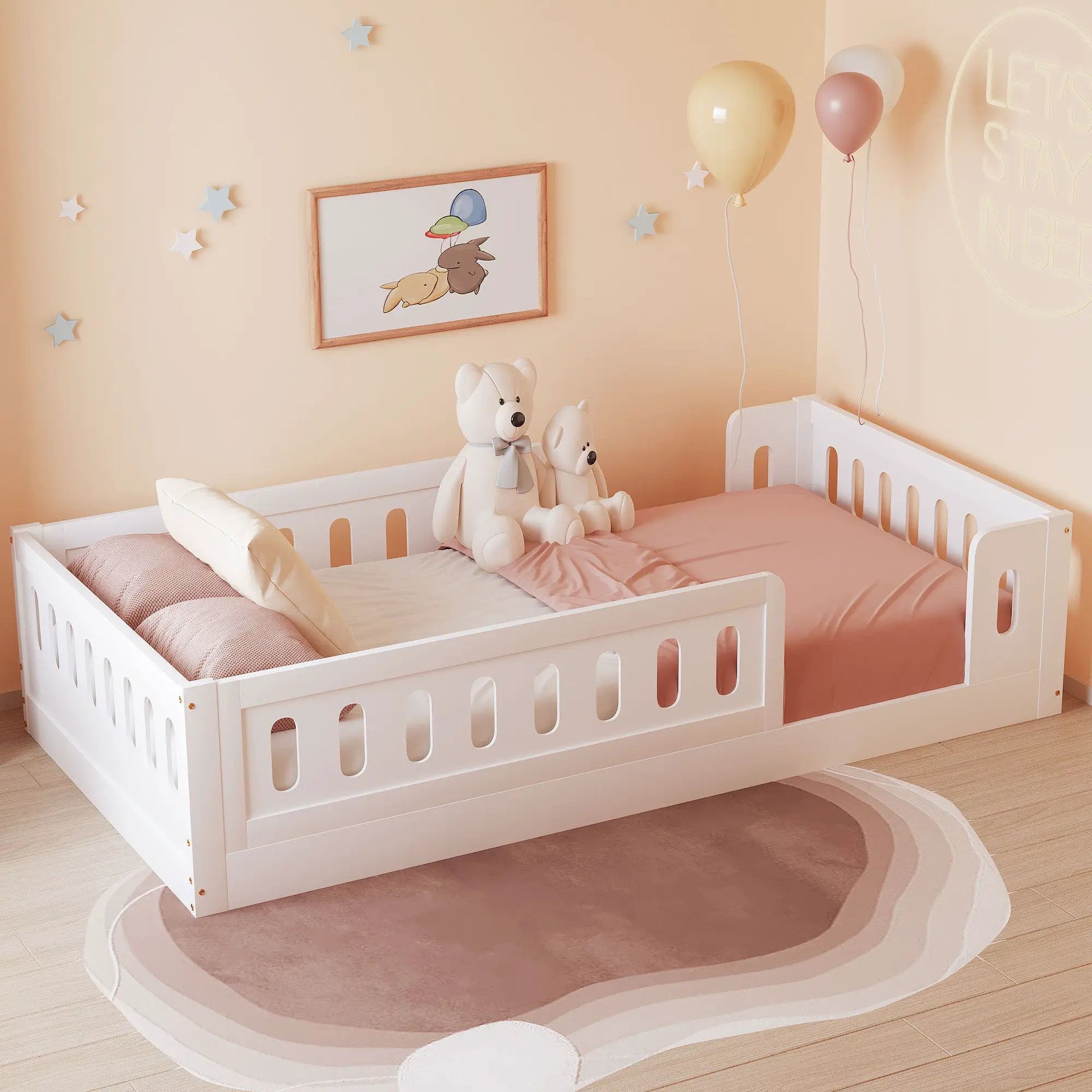 Two white platform beds with guardrails in a pastel pink nursery by Unique Piece Furniture on Tampa Home & Garden Store